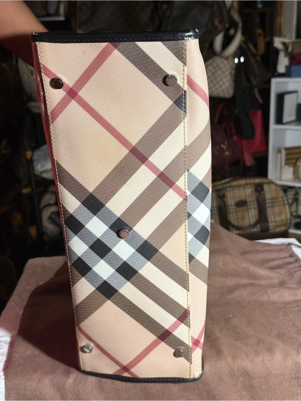 Burberry Beige Large Nova Check Tote with Black Trim and Red Accents - Picture 5 of 9